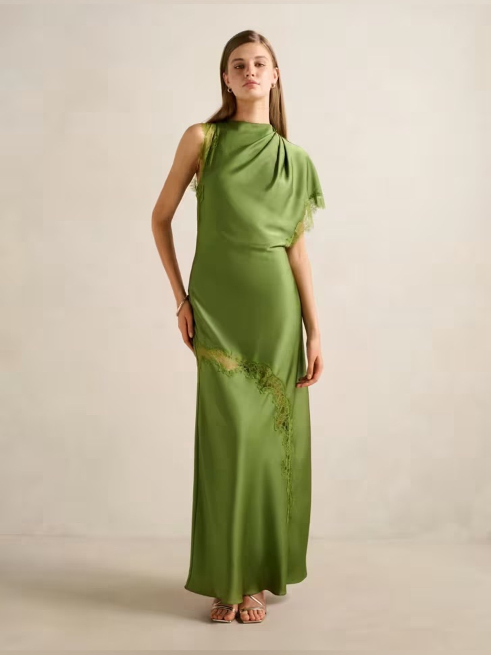 new Ever New Kody Satin Lace Asymmetric Dress maxi gown in olive green - Picture 4 of 12